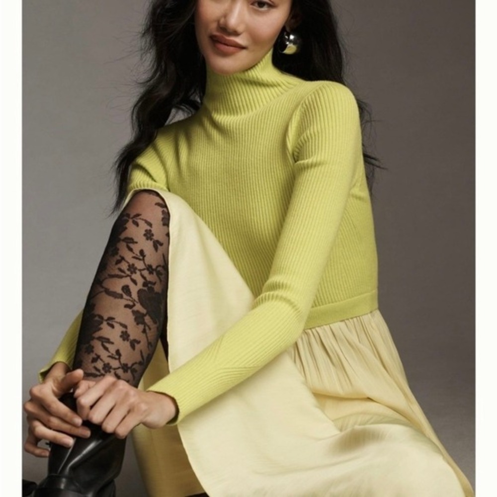 Anthropologie Thea Twofer Sweater Dress‎ L Chartreuse Yellow Ribbed Maxi Pleated - Picture 3 of 12